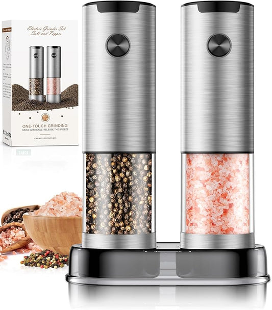 Electric Salt and Pepper Grinder- Automatic Battery Pepper Mill Shakers Kitchen Essentials for New Home Adjustable Coarseness Upgraded Larger Capacity with Led for Housewarming Gifts by ioion
