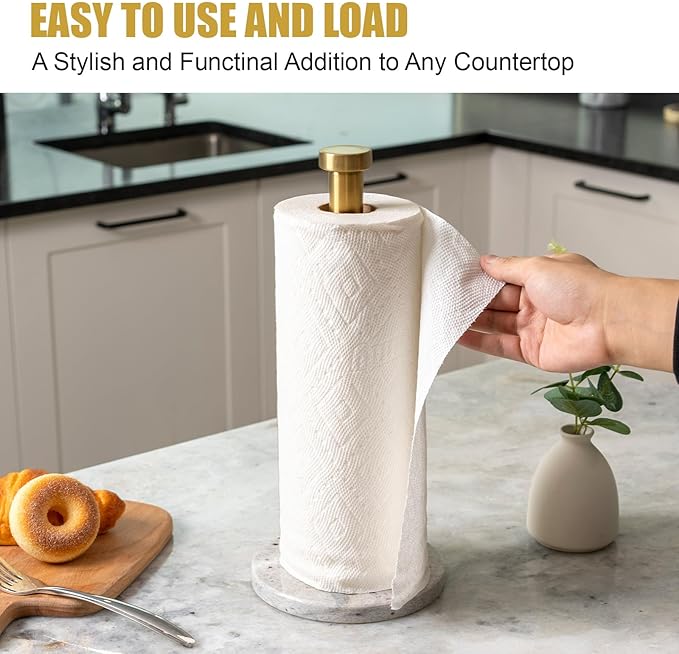 Koville Paper Towel Holder Countertop, Standing Paper Roll Holder with 6" Weighted Marble Base, Stone Paper Towel Holder with Gold Stainless Steel Rod for Kitchen Bathroom (River White)