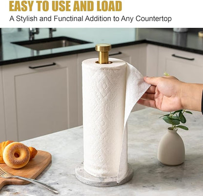 Koville Paper Towel Holder Countertop, Standing Paper Roll Holder with 6" Weighted Marble Base, Stone Paper Towel Holder with Gold Stainless Steel Rod for Kitchen Bathroom (River White)