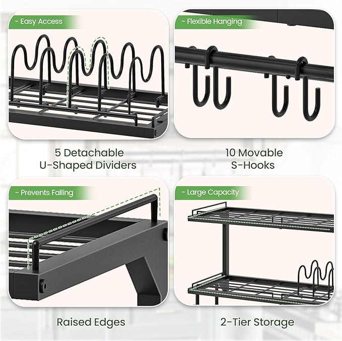 CHOEZON Pot Rack, Wall Mounted Pan Holder, 2-Tier Pot and Pan Organizer, Pot Hanger with 10 S-Shaped Hooks, Cookware Organizer with 5 Removable Metal Wire Dividers, Black TPR35BB - Image 7