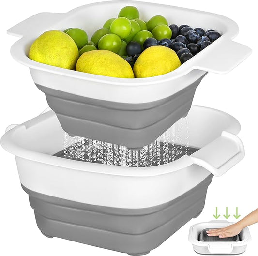 ROTTOGOON Collapsible Colander Set with Strainer Bowl, 2 in 1 Fruit Washing Basket with Strainer, 5 + 3 QT Plastic Colanders for Kitchen, Foldable Double Layered Colanders Bowl for Vegetable, Grey by ROTTOGOON