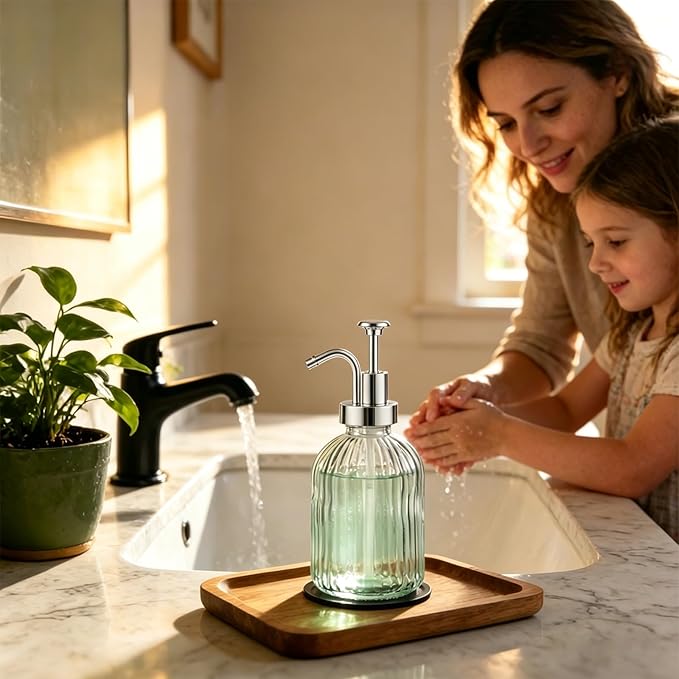 SheeChung Clear Glass Soap Dispenser, 12 Oz Liquid Hand Soap Dispenser with Pump, Refillable Lotion Dish Soap Dispenser for Kitchen, Stripes Shampoo Bottle, Bathroom Countertop (Silver Pump, 2 Pack)