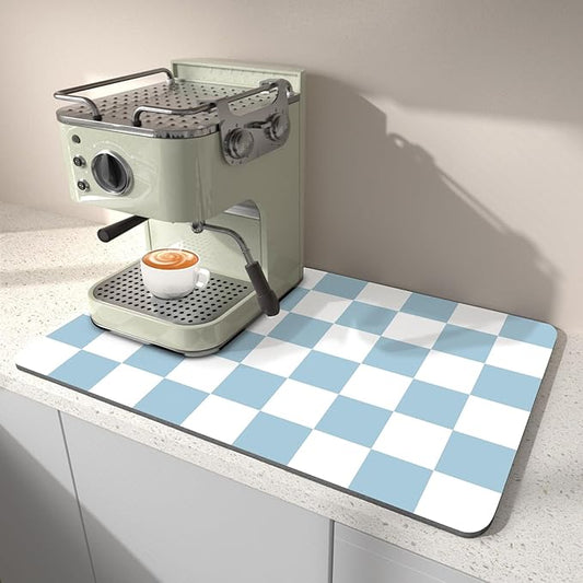 Dish Drying Mat for Kitchen Counter, 12" x 20" Checkered Coffee Bar Mat for Espresso Machine, Stain-Resistant Countertop Protector, Non-Slip Rubber Back Drying Pad for Coffee Maker, Blue & White