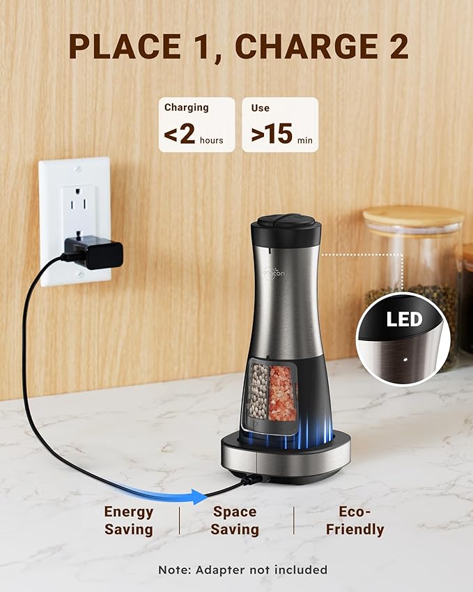 Sangcon Electric Salt and Pepper Grinder Set Shaker 2 IN 1 - USB RECHARGEABLE Salt and Pepper Mill with Charging Base, Adjustable Coarseness Automatic Grinder with Light, House Warming Cooking Gifts - Image 3