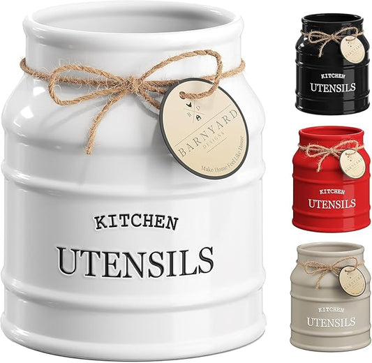 Barnyard Designs Ceramic Farmhouse Utensil Holder for Kitchen Counter, Large Rustic Utensil Crock, Countertop Cooking Tool Spatula Organizer, 6.75” (White) by BarnyardDesigns