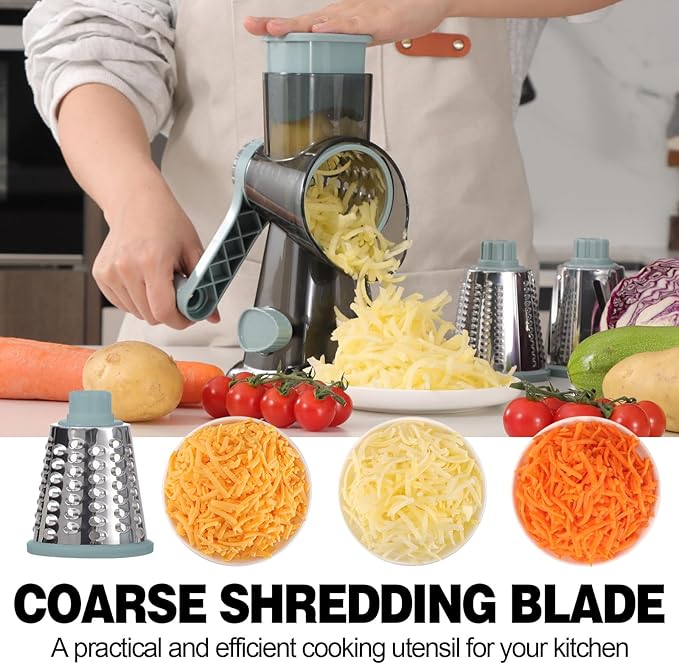 Cheese Grater Cheese Shredder with 3 Interchangeable Blades, Rotary Cheese Grater Manual Vegetable Slicer with Non-slip Suction Base Peanut Nuts Grinder Vegetable Shredder Clear - Image 3