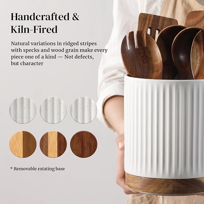 DOWAN 360° Rotating Extra Large Cooking Utensil Holder, 7.6" Kitchen Utensil Holder for Countertop, Utensil Crock for Farmhouse Kitchen Decor, Ceramic Stable Utensil Caddy, White Stripes - Image 3