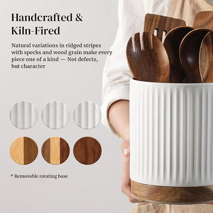 DOWAN 360° Rotating Extra Large Cooking Utensil Holder, 7.6" Kitchen Utensil Holder for Countertop, Utensil Crock for Farmhouse Kitchen Decor, Ceramic Stable Utensil Caddy, White Stripes - Image 3