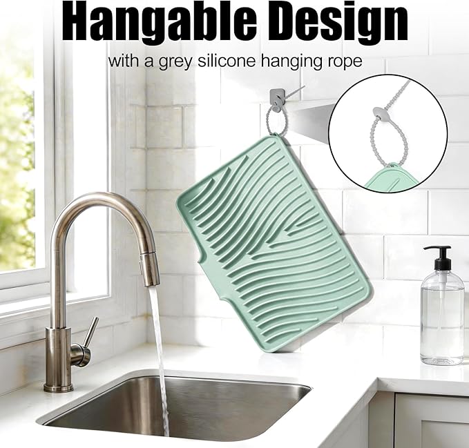 TIKNIK Silicone Dish Drying Mat, Stone Drying Mat for Kitchen Counter with Built-In Drain, Non-Slip Drain Pad with Built-in Drain, Heat Resistant Stone Drying Mat, Hangable, Mint-1pcs, 20" x 15" - Image 5