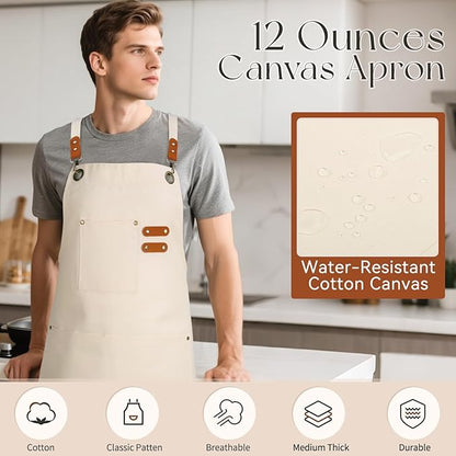 Chef Aprons for Men Women with Large Pockets, Cotton Canvas Water Repellent Kitchen Apron for Cooking