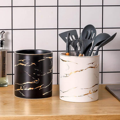 7" Marble Utensil Holder, Large Kitchen Utensil Holder Organizer , Golden Marble White Stable Utensil Crock Spatula Holder for Kitchen Counter Countertop Farmhouse Cooking Tools Holder - Image 6