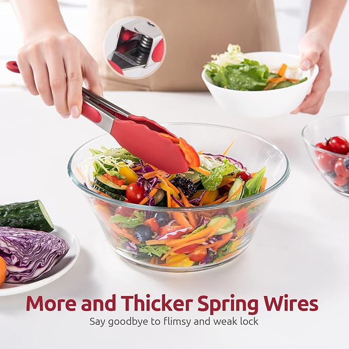 600ºF Heat Resistant Kitchen Tongs: U-Taste 9 inch Silicone Cooking Tong with Firm Sealed Non Stick Rubber Tips & Silicon Coated 18/8 Stainless Steel Handle & Smooth Locking for Serving Salad (Red) - Image 8