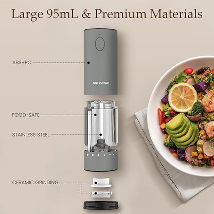Newise Electric Salt and Pepper Grinder Set, Rechargeable with LED Lights, Automatic Pepper & Salt Mill, Adjustable Coarseness, Large Capacity, Grey