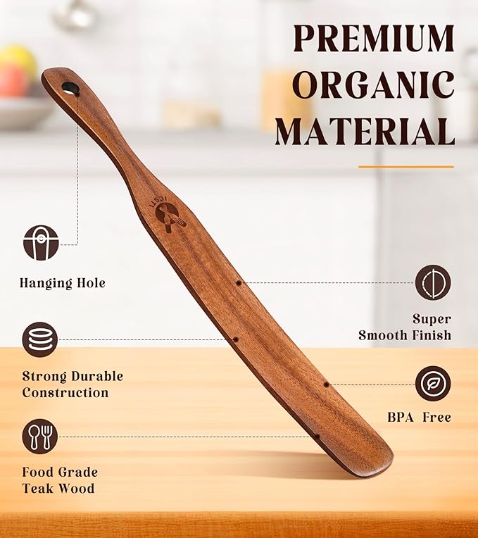 Skinny Spurtle for Sourdough Starter, Mixing, Reaching Bottom of Jar, Dough Whisk, Natural from High Moist Resistance Teak, Spurtles Kitchen Tools Wooden Kitchen Utensils for NonStick Cookware - Image 3