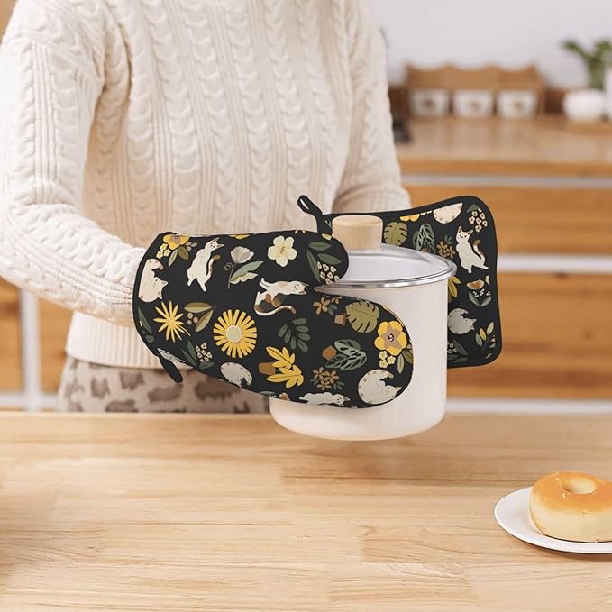 Cute Cats Flowers Garden Silicone Oven Mitts Pan Mats Set of 2, Heat Resistant Gloves Potholder with Non-Slip Grips Hanging Loops Pot Holder, Spring Summer for Chef Cooking, Baking, Grilling, BBQ