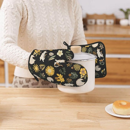 Cute Cats Flowers Garden Silicone Oven Mitts Pan Mats Set of 2, Heat Resistant Gloves Potholder with Non-Slip Grips Hanging Loops Pot Holder, Spring Summer for Chef Cooking, Baking, Grilling, BBQ