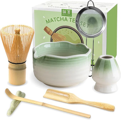 JBER Matcha Whisk Set, Ceramic Matcha Kit Includes Bowl with Spout, Matcha Whisk (Chasen) and Holder, Sifter, Scoop, Spoon & Rest - 7PCS Matcha Set for Matcha Lovers Ceremony, Gradient Light Green