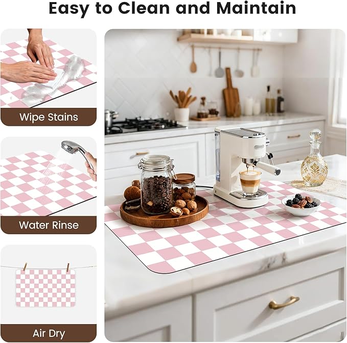 17" x 32" Checkered Dish Drying Mat for Kitchen Counter, Absorbent Coffee Bar Mat for Espresso Machine Coffee Countertops Accessories, Pink - Image 7