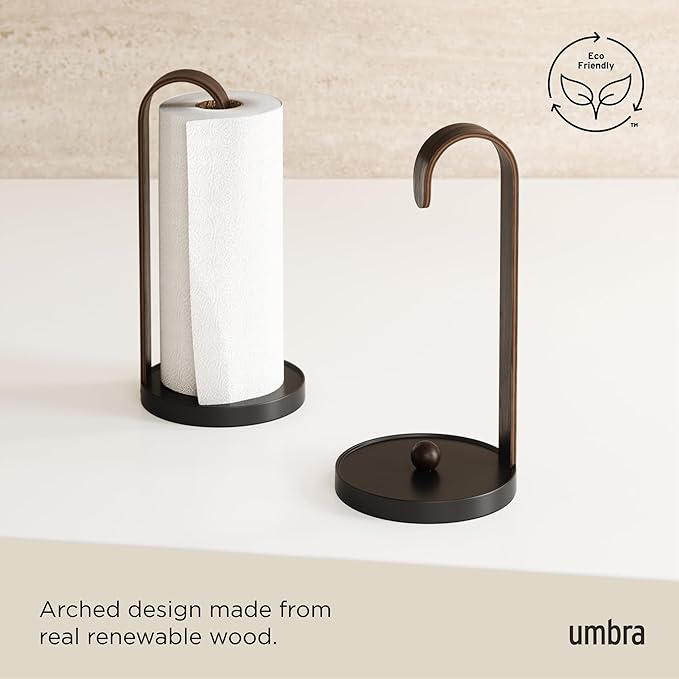 Umbra Bellwood Paper Towel Holder for Kitchen Countertop, with Real Wood Stand and Weighted Metal Base, Black/Walnut - Image 4