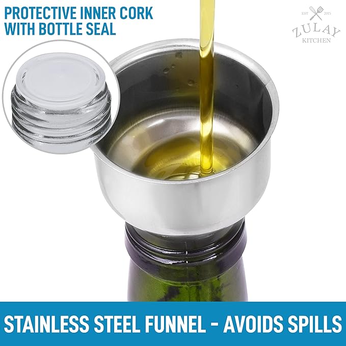 Zulay Kitchen (2 pack 17oz Olive Oil Dispenser Bottle For Kitchen - With 2 Spouts, 2 Removable Corks, 2 Caps, & 1 Funnel - Oil Bottle For Kitchen & Storing Liquids - Image 6