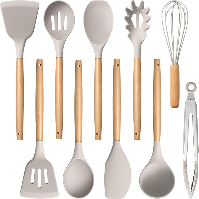 E-far Silicone Cooking Utensils Set, 10-Piece Heat Resistant Kitchen Utensils Set with Wooden Handle for Nonstick Cookware, Kitchen Nonstick Tools Spatula Whisk Tongs Ladle, Non-toxic & Healthy(Khaki) by E-far
