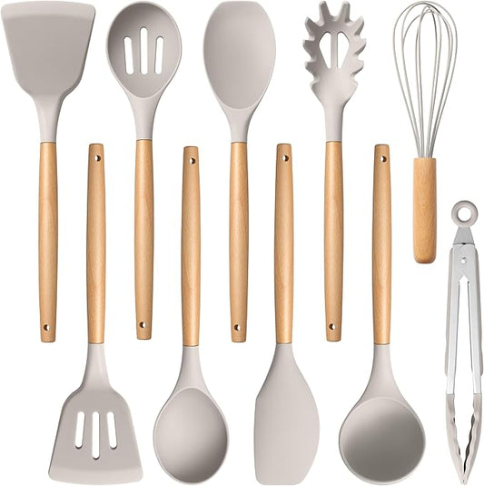 E-far Silicone Cooking Utensils Set, 10-Piece Heat Resistant Kitchen Utensils Set with Wooden Handle for Nonstick Cookware, Kitchen Nonstick Tools Spatula Whisk Tongs Ladle, Non-toxic & Healthy(Khaki) by E-far