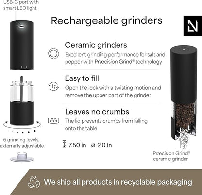 LARS NYSØM Electric Salt and Pepper Grinder Set I Automatic Salt and Pepper Mills with Adjustable Ceramic Grinder I USB Rechargeable Electric Spice Mill Set with LED Light (Carbon Black) - Image 4