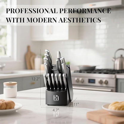 KnifeSaga Knife Set Premium, Kitchen Knife Block Set 14 Pcs Japanese High Carbon Stainless Steel Enduring Razor Sharp, Black Chef Knives Set for Kitchen with Built-in Sharpener and Acacia Wood Block - Image 7