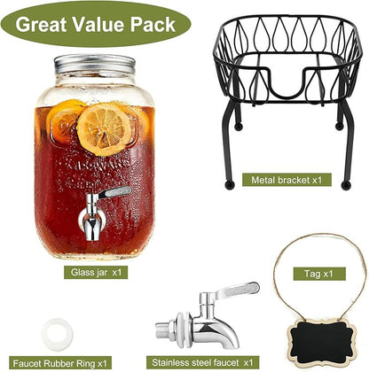 2 Gallon Beverage Dispenser with Stand and Lid, 18/8 Stainless Steel Spigot - Mason Jar Drink Dispensers with Lids, Glass Drink Dispensers for Parties