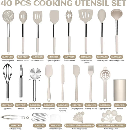 Silicone Cooking Utensils Set Utensil: 40 Pcs Black Stainless Steel Cookware Set, Nonstick Silicone Cooking Utensils Set, (Khaki) - Image 7