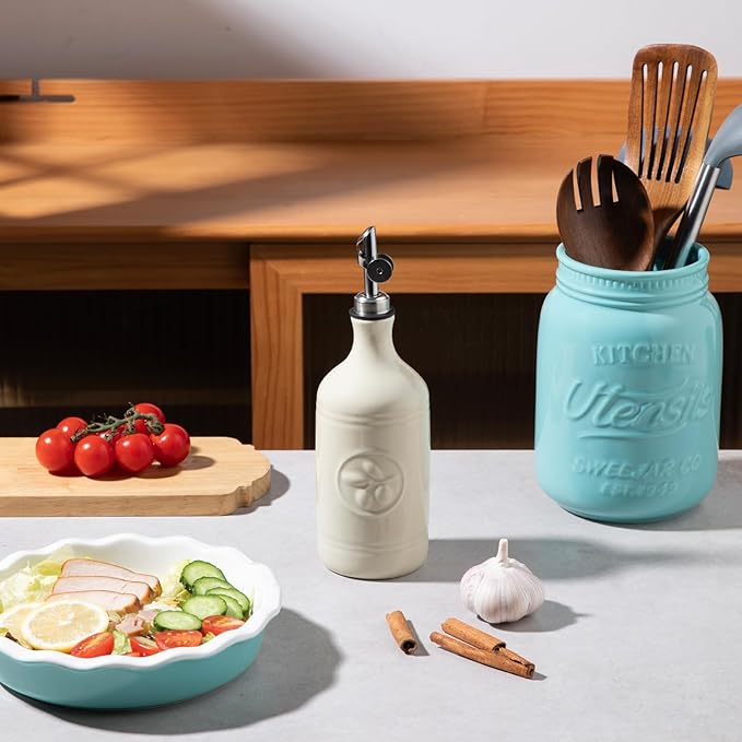 Sweejar 16 Oz Ceramic Olive Oil Dispenser Bottle, Oil Dispenser for Kitchen with Gravity Spout, Relief Opaque Oil Container for Evoo, Avocado Oil, Vinegar, Soy Sauce, 1 Pack(Beige, Silver Spout) - Image 2