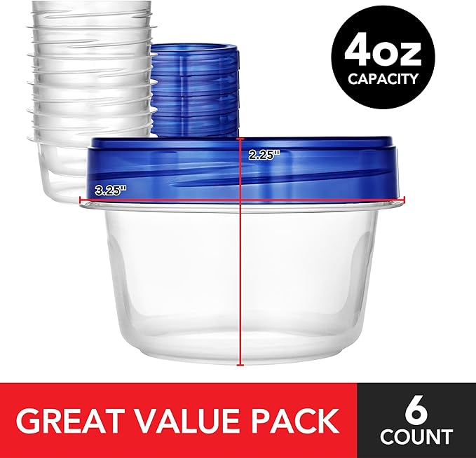 Stock Your Home 4oz Plastic Containers with Twist Top Lids (6 Pack), 1/2 Cup Small Freezer Containers for Leftover Food, Airtight Reusable Soup Containers with Lids, Microwave and Dishwasher Safe - Image 2