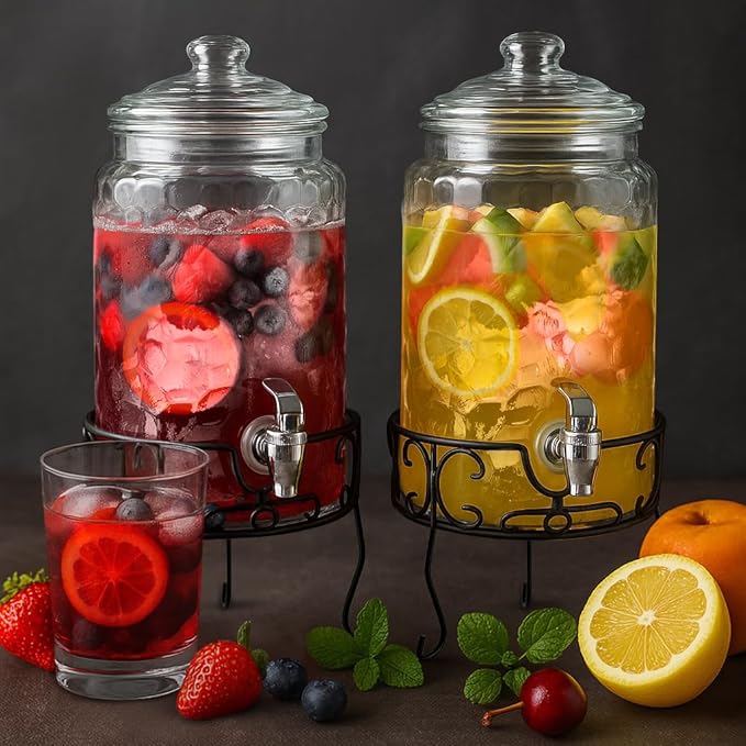 2 PACK 1.5 Gallon Drink dispenser, Classic Hammered Glass Beverage Dispenser With Elegant Stand, Drink Dispensers for Parties With Spigot 100% Leakproof. Perfect For Parties And Daily Use