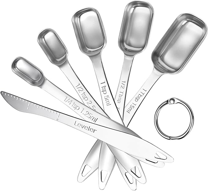 U-Taste Narrow Square Measuring Spoons: 18/8 Stainless Steel Kitchen Measure Teaspoon Tablespoon with Leveler, Polygon Rectangular Metal Jar Scoop for Baking Cooking, Coffee, Spice, Powder (Set of 6) by U-Taste