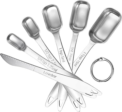 U-Taste Narrow Square Measuring Spoons: 18/8 Stainless Steel Kitchen Measure Teaspoon Tablespoon with Leveler, Polygon Rectangular Metal Jar Scoop for Baking Cooking, Coffee, Spice, Powder (Set of 6) by U-Taste