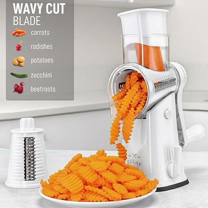 Zulay Kitchen Rotary Cheese Grater 5 Blade Cheese Shredder - Manual Hand Crank Cheese Grater With Reinforced Suction & 5 Interchangeable Drums - Easy to Use, Vegetable Chopper Round Mandoline Slicer - Image 4