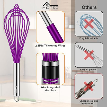 HOTEC 4 Pieces Silicone Whisks Set, Wire Balloon Whisks Egg Beater, Non-slip Handle Whisk for Non-stick Cookware Perfect for Cooking, Stirring, Beating and Blending (Purple) - Image 8