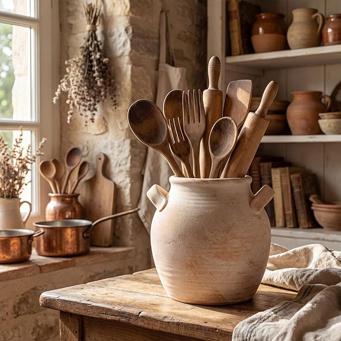 Havawish Rustic Kitchen Utensil Holder for Countertop - Farmhouse Ceramic Utensil Crock with Handle for Spatulas Vintage Kitchen Utensils Holder Cooking Organizer, Fit Ladle, Eggbeater (Rustic Beige)