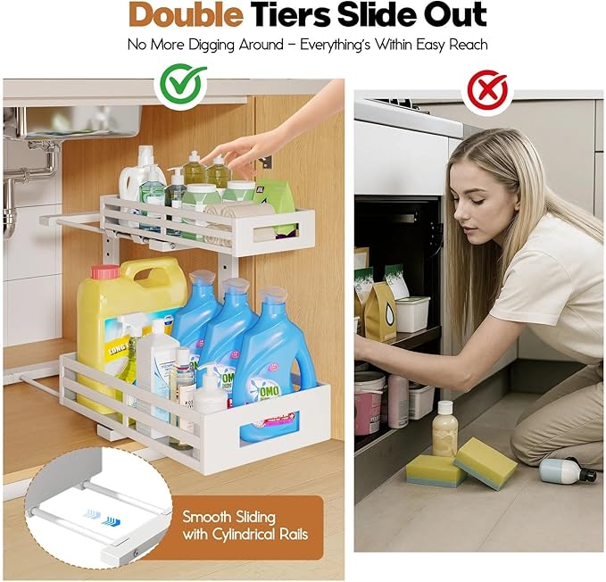 1-Pack Under Sink Organizers and Storage,2-Tier L Shape Pull Out Cabinet Organizer With Round Tube Slide Rails,Hight Adjustable Slide Out Drawers for Kitchen&Bathroom,Multi-Purpose Storage Shelf-White - Image 3