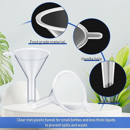 Hoolerry 100 Pcs Small Funnel for Filling Small Bottles Clear Plastic Mini Funnels for Lab Bottles Essential Oils Sand Art Bottle Skin Products Perfumes Spices (1.22 '') - Image 3