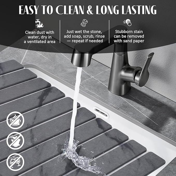 2 PCS Large Stone Dish Drying Mat for Kitchen Counter, 24"×16" Grey Marble Dish Drying Mat with 8"x 4" Coasters, Non - Slip Collapsible Absorbent Stone Dish Drying Mat for Multi - Purpose - Image 6