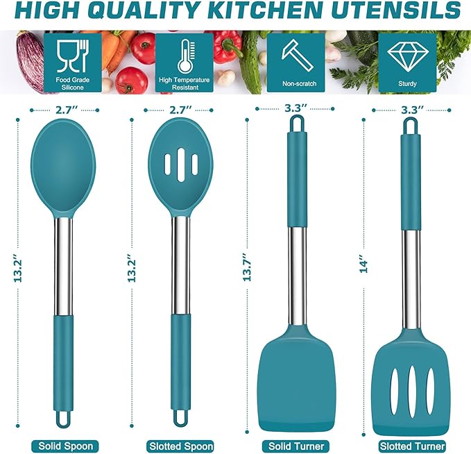 TeamFar Cooking Utensils Set, 4PCS Heatproof Silicone Utensil Kitchen Tools with Stainless Steel Handle, for Non-stick Cookware Flipping Frying Draining, Nontoxic & Non scratch, Easy Clean - Navy Blue - Image 2