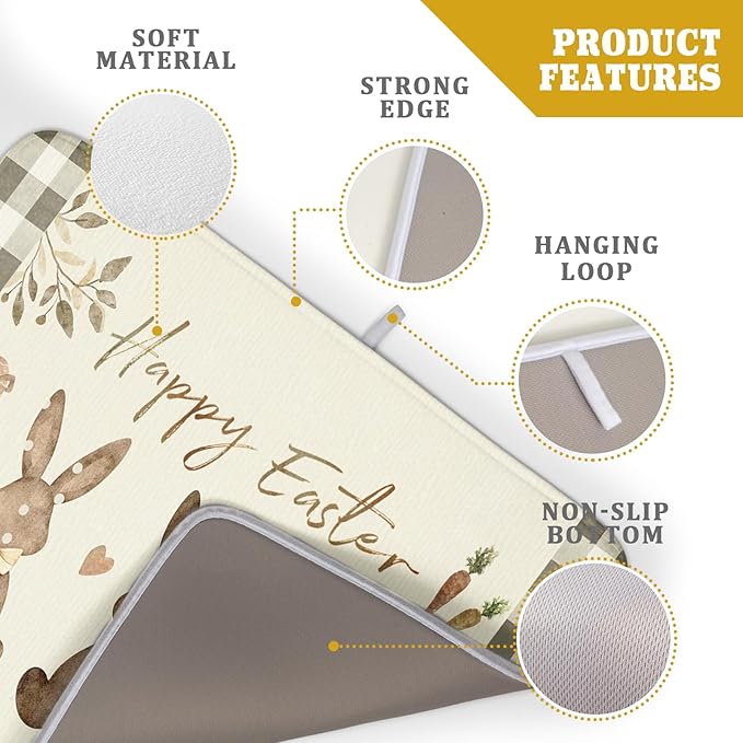 Giwawa Happy Easter Dish Drying Mat for Countertop, 18"x24" Cute Bunny Rabbits Eggs Carrot Dish Drainer Mats, Bufflao Plaids Fast Dry Microfiber Large Dish Drying Pad Kitchen Accessories Decor