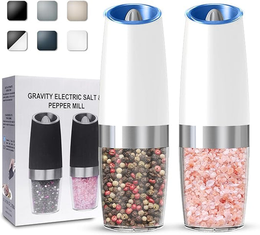 UNNEES Gravity Electric Salt and Pepper Grinder set of 2, Automatic Salt And Pepper Grinder Set, Adjustable Roughness, Battery Powered, LED Light, 2 Pack, (White) by UNNEES