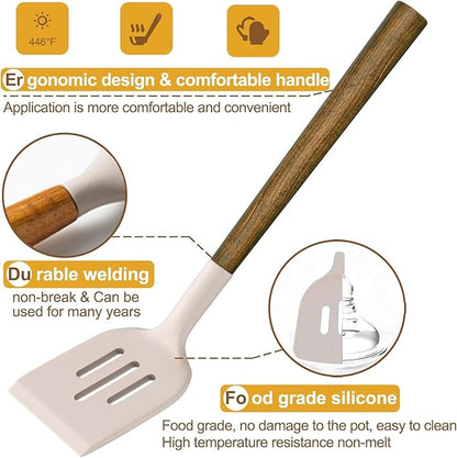 Silicone Cooking Utensil Set,Umite Chef 8-Piece Kitchen Utensils Set with Natural Acacia Wooden Handles, Silicone Kitchen Gadgets and Spatula Set for Nonstick Cookware - Khaki - Image 6