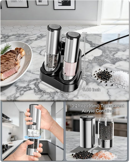 Electric Salt and Pepper Grinder Set - 6 Adjustable Coarseness, One-Handed Operation Design - Automatic Salt and Pepper Shakers with Rechargeable Base, Larger Capacity - for Kitchen, BBQ, Gift
