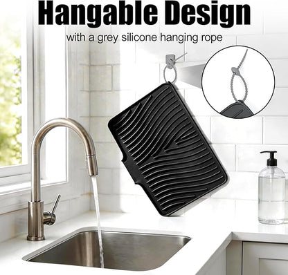 TIKNIK Silicone Dish Drying Mat, Stone Drying Mat for Kitchen Counter with Built-In Drain, Non-Slip Drain Pad with Built-in Drain, Heat Resistant Stone Drying Mat, Hangable, Black-1pc, 16" x 12" - Image 6
