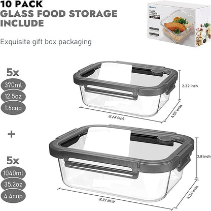 10-Pack Glass Food Storage Containers with Tempered Lids – Borosilicate, Airtight, Oven-Safe (-4°F~950°F), BPA-Free, 4.4 & 1.6 Cup, Leak-Proof, Dishwasher Safe (Gray) - Image 2