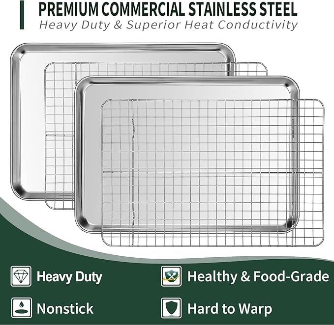 Half Sheet Pans with Rack Set [2 Pans + 2 Racks], CEKEE Stainless Half Size Large Baking Sheets with Rack -18 Inch Baking Tray Set- Rust & Warp Resistant & Heavy Duty Large Cookie Sheet - Image 3