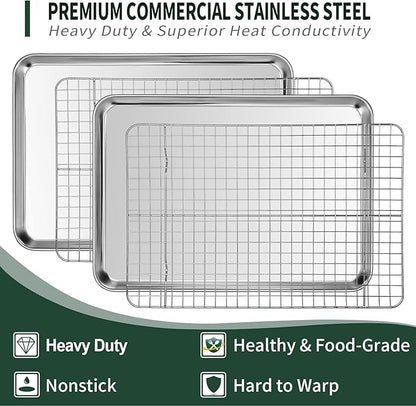 Half Sheet Pans with Rack Set [2 Pans + 2 Racks], CEKEE Stainless Half Size Large Baking Sheets with Rack -18 Inch Baking Tray Set- Rust & Warp Resistant & Heavy Duty Large Cookie Sheet - Image 3